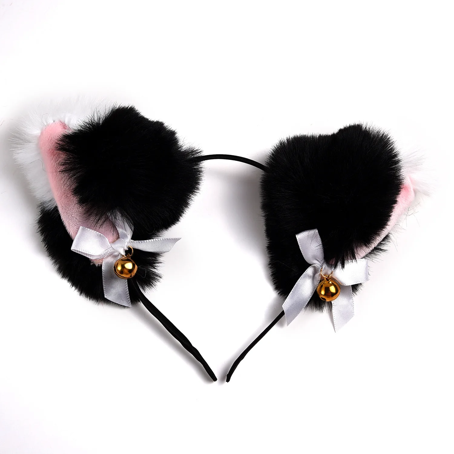 Halloween Black White Pink Fluffy Cat Ears Headband Furry Fox Headband with Bells Lolita Cosplay Costume Anime Hair Accessories