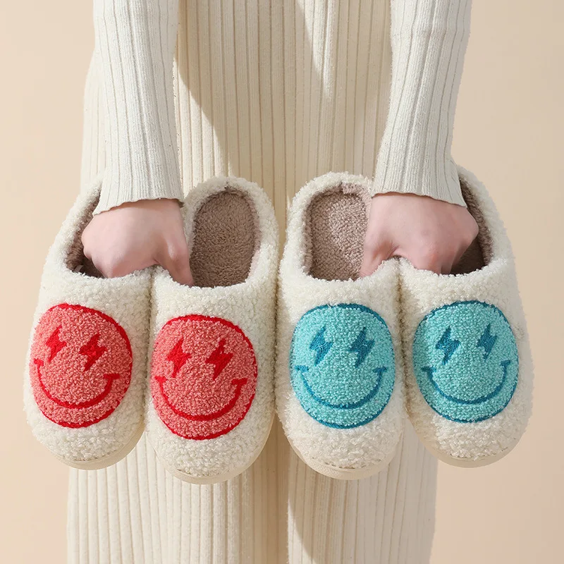 Custom Cartoon Logo Design Fluffy Comfy Adult Flat Bedroom Home Thermal Plush Slippers For Man Woman