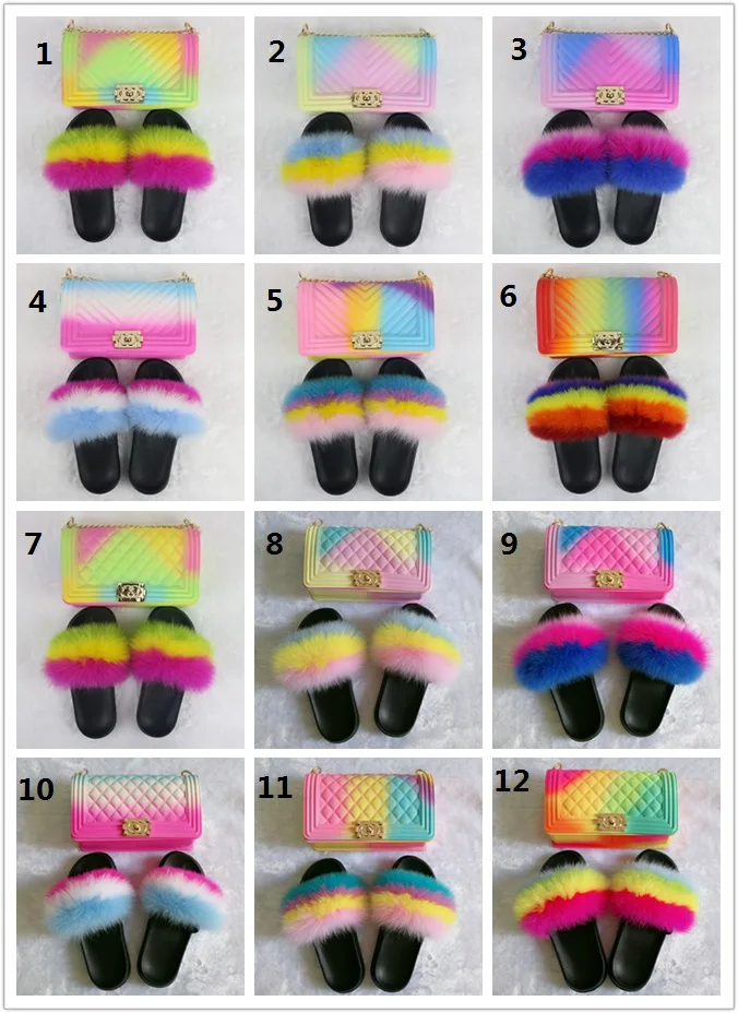 USA wholesale fox big fur slides slippers for women and with matching purse set jelly bag handbag vendors
