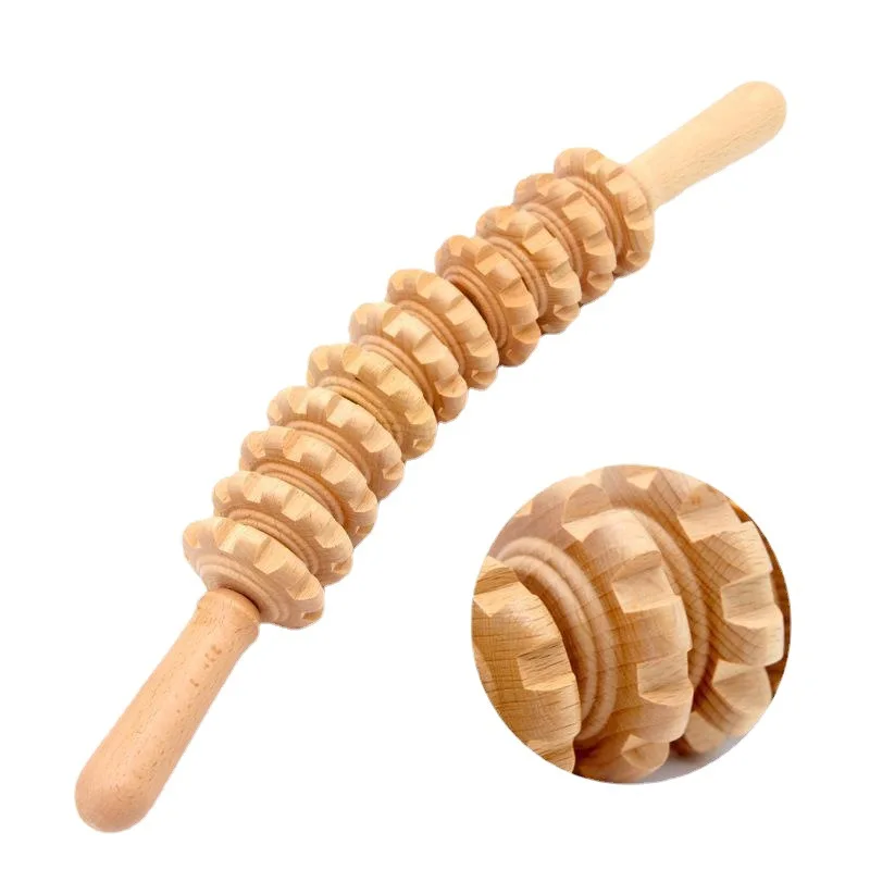 Wooden Curved Handle Rolling Rod Gua Sha Tools Handheld Cellulite Wheel Body Wooden Massage Roller Tool
