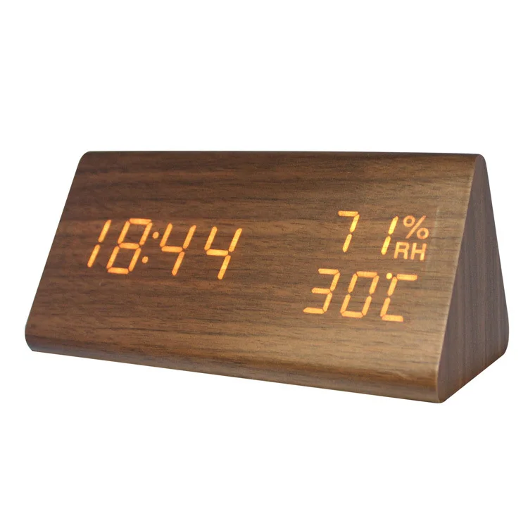 Wooden Triangle Desk Table Top  Bedroom Digital  LED Alarm Clock Sound Control Temperature Humidity Calendar Display USB Charge