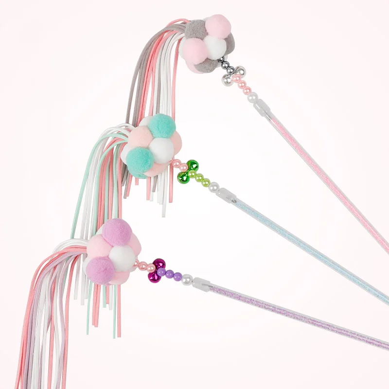 Wholesale  Cat Teaser Stick Toy Interactive Cat Toys Cat Teaser Wand Stick with Bells Pompoms