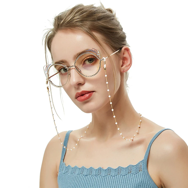 Anti Slip Gold Plated Plated Color Chain Stainless Steel Holder Hanging Neck White Pearl Sunglasses Eyeglass Beaded Chain