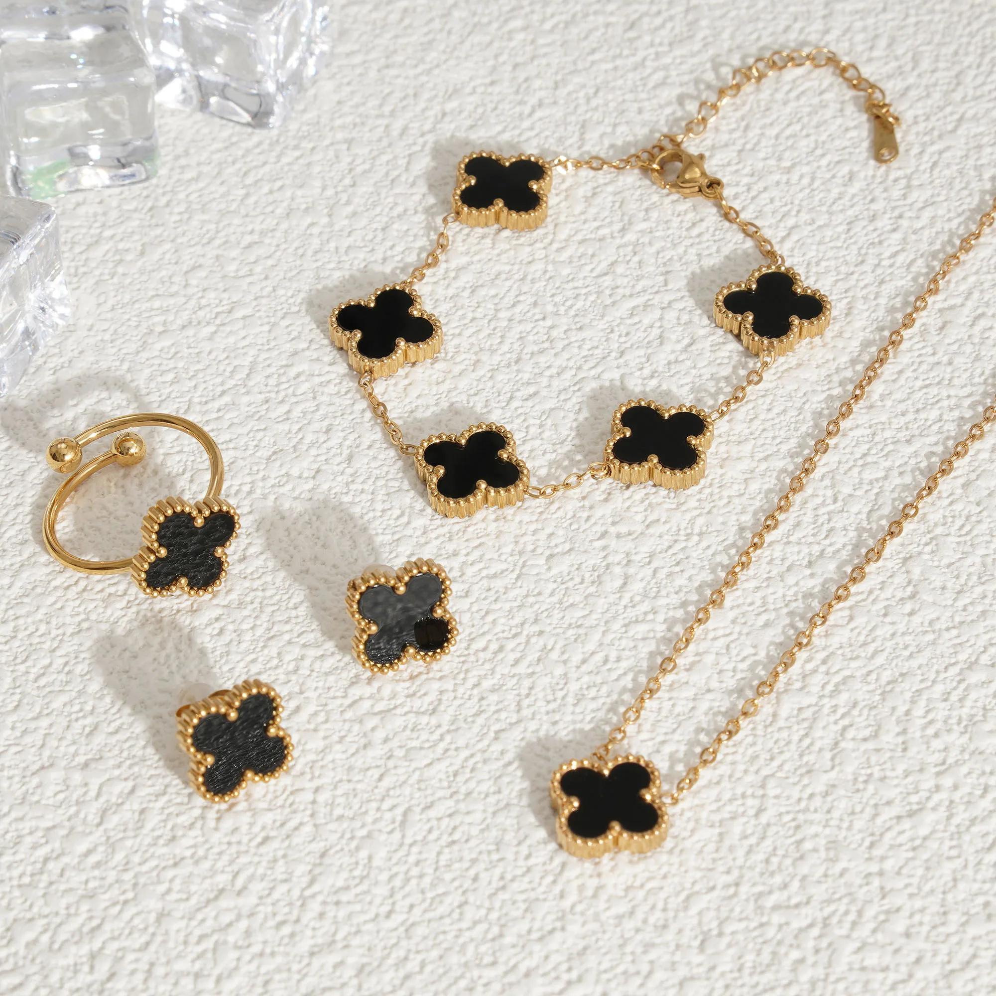Lucky Ring Earrings Necklace Bracelet 4 Leaf Clover Sets Stainless Steel Gold Four Leaf Clover Jewelry Set