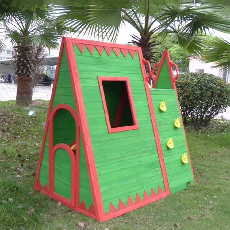 Outdoor Backyard kids Green wooden playhouse with slide