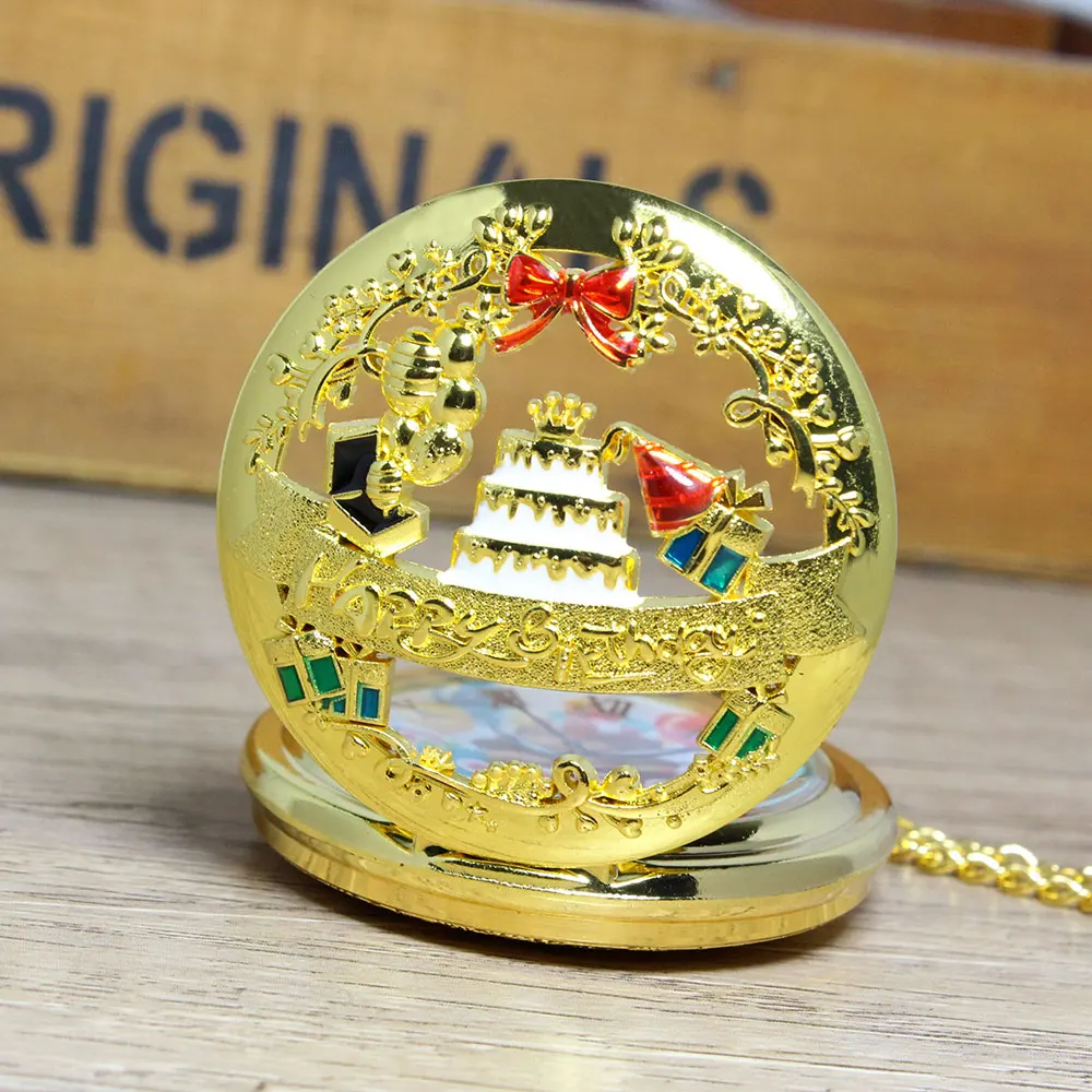 Best Sale Classic Fashion Gift Pocket Watch Happy Birthday Cake Hollow Clamshell Blessing Quartz Pocket Watch
