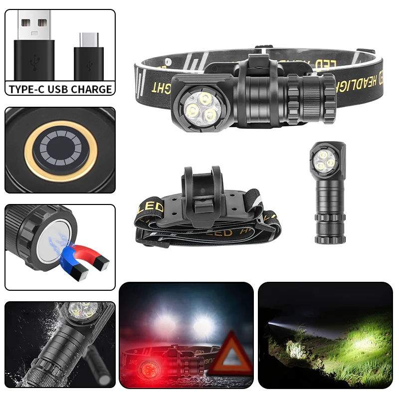 1200lumen 3*xhp35+ 3*red led  180 Adjustable magnet  18650 battery type-c ABS  Head Torch Waterproof for Camping Hiking Headlamp