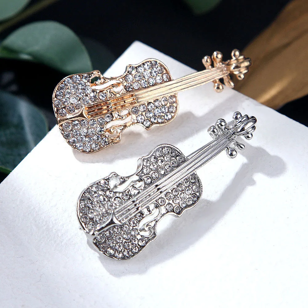 Fashion New Design Elegant Suite Jewelry Sliver Gold Metal Alloy Rhinestone Suite Music Violin Brooch Pins