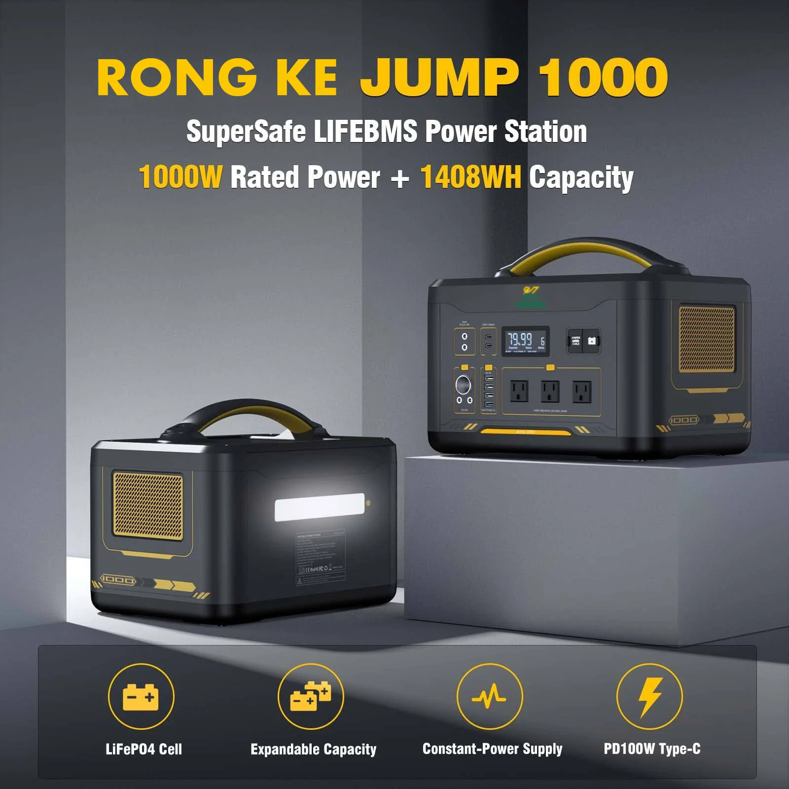 Portable Power Station 1000W 1408Wh Solar Generator with Capacity Expandable 1000W Constant-Power LiFePO4 Battery