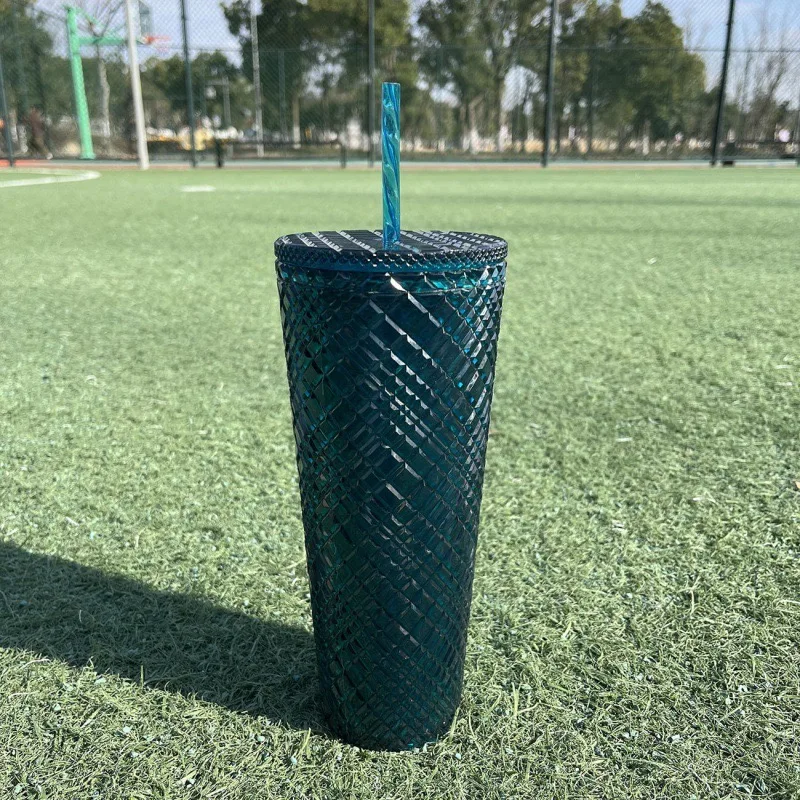 Portable Rivet Plastic Grid Studded Tumbler Durian Drinking Cup with Lid and Straw
