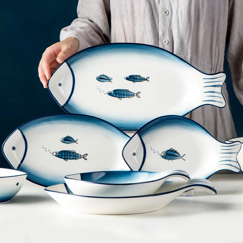 Wholesale Customized Logo  Hand-painted  Big Size Cute Fish Shape Ceramic Plate for Restaurant