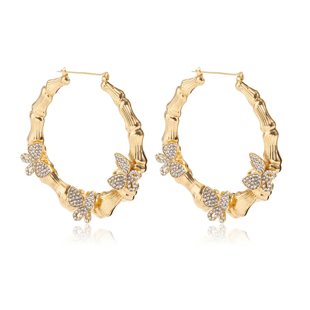 brass alloy with zirconia beads paving butterflies charms bog retro hustle hoop bamboo earrings women butterfly earring