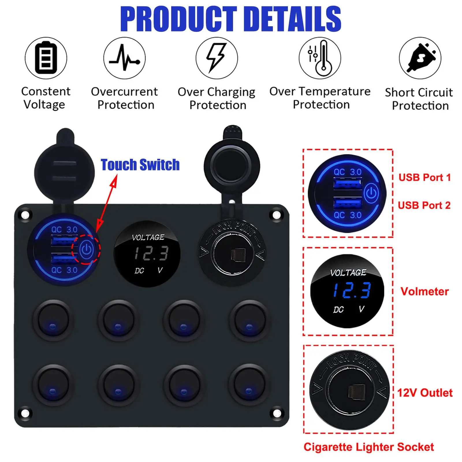 Marine Round Rocker Switch Panel 8 Gang QC30 USB Charger Digital Voltmeter Car Socket 12V ON OFF Switch for Boat Truck Trailer