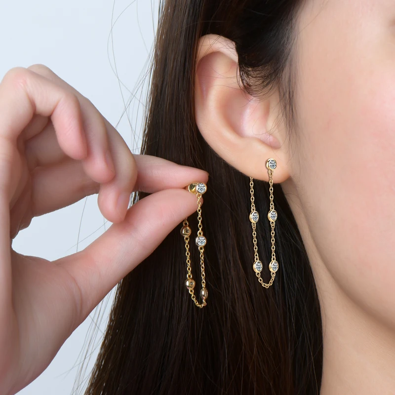 Wholesale of New product Long Chain Tassel 925 Sterling Silver Bezel 3mm Moissanite Drop Earrings for Women