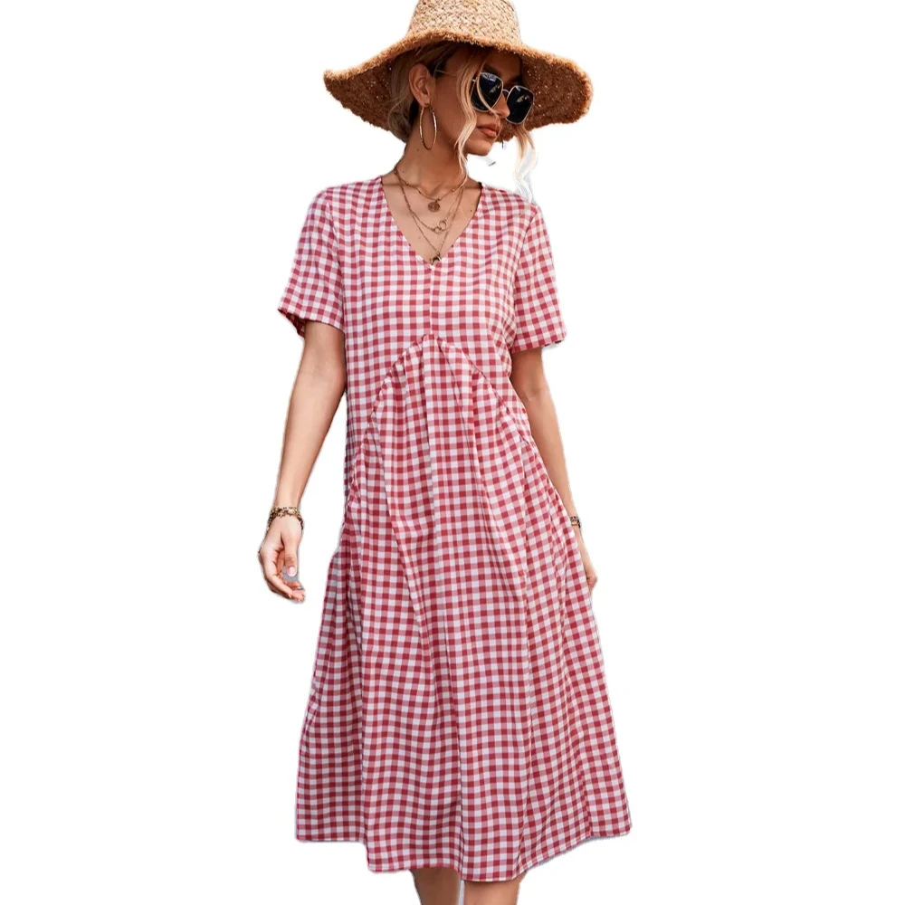 V-neck short-sleeved pleated checkered dress Plaid Woven Simple Pencil Embossed clothing manufacturers custom