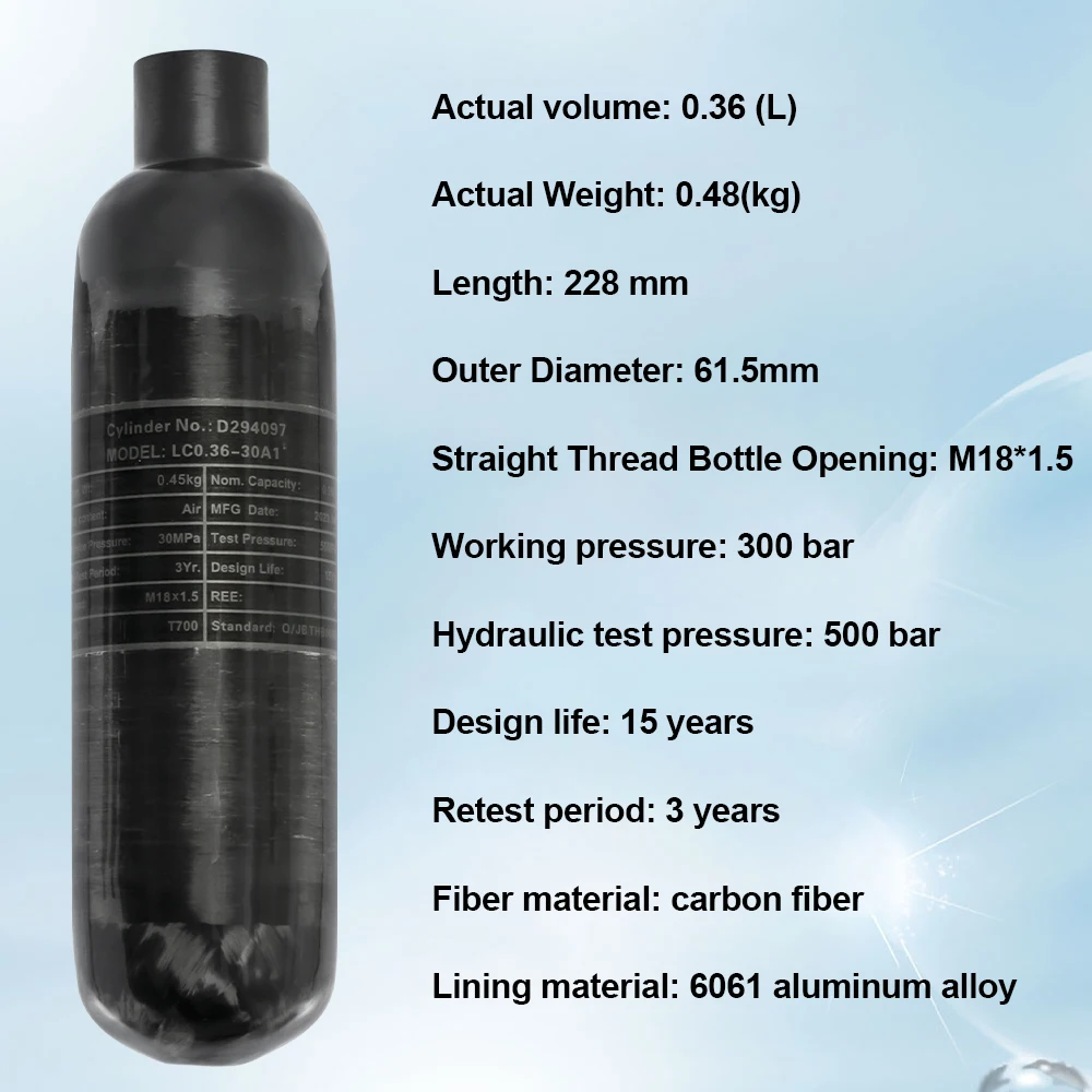 GP High Quality Safety CE Round Bottom High Pressure 0.36L 360cc 4500psi 300bar 30mpa PCP Paintball Game Carbon Fiber Air Tank