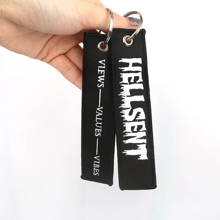 Wholesale Custom Private Brand Name Logo Promotional OEM Fully Embroidered Metal Ring Keychains
