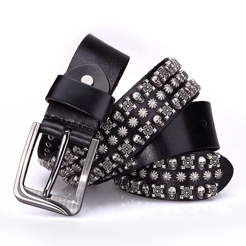 Unisex man women punk style genuine leather belt Skull  Flower Design jeans cowboy rivet belt