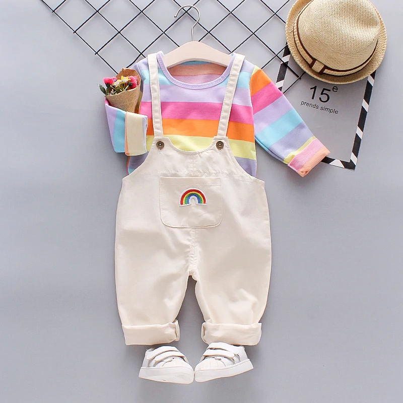 2021 wholesale Autumn stylish low price with good quality Tshirts+suspender trousers two pieces kids girls clothing suit