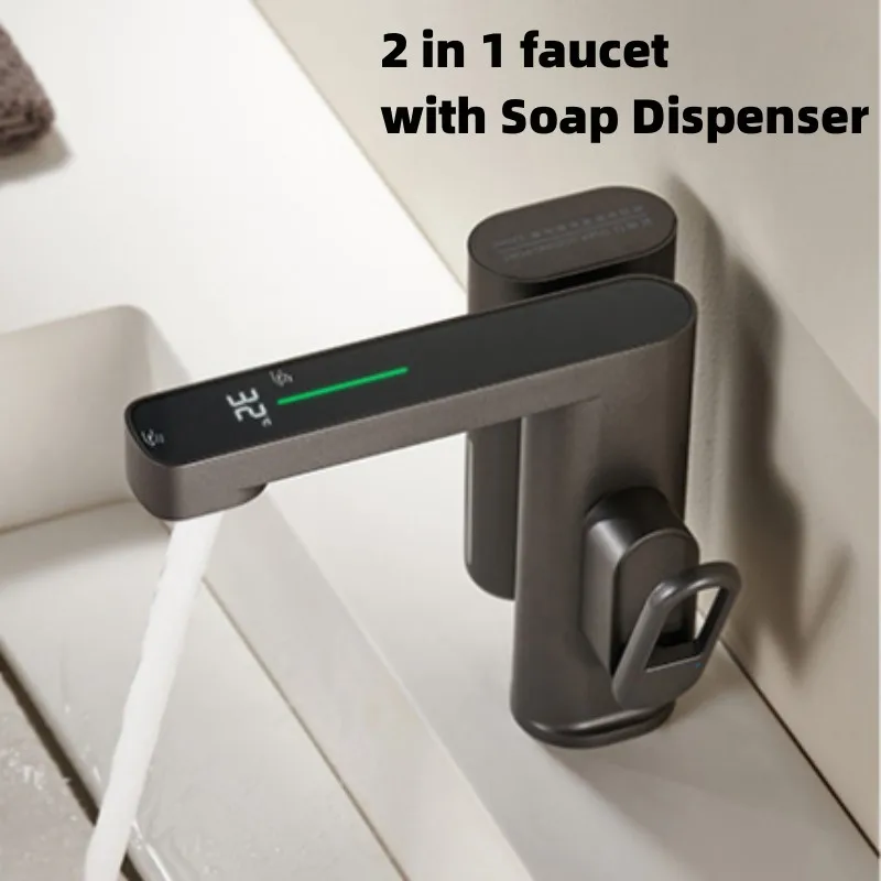 2-in-1 Bathroom Sink Faucet Automatic Sensor Hand Free Smart LED Color Changing Basin Faucet With Sensor Soap Dispenser