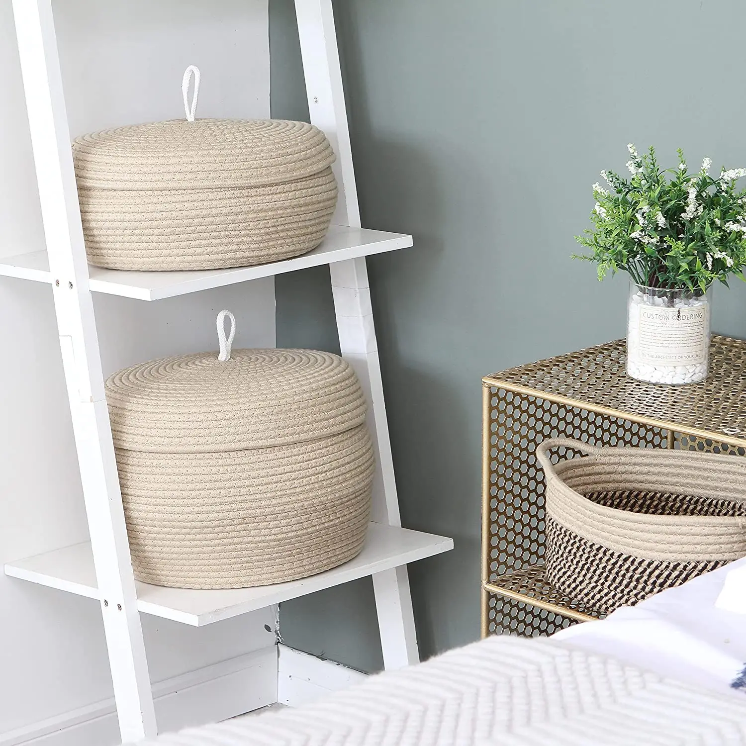 QJMAX Decorative Woven Storage Bin Round Cotton Rope Storage Basket With Lid