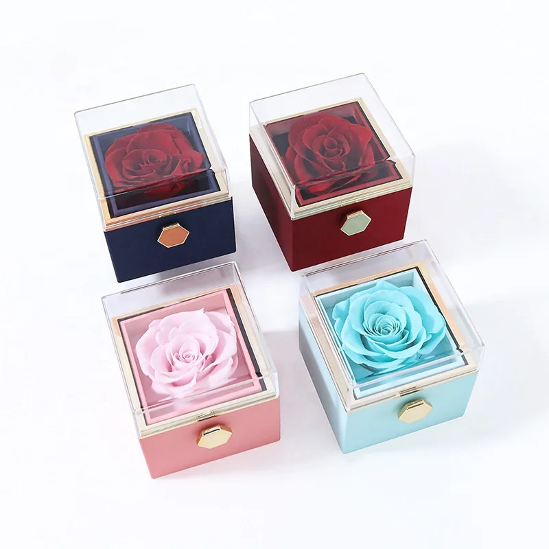 Ever Bright 2024 New Design Engagement Ring 180 Degree Rotation Preserved Flower Roses Jewelry Gift Box for Valentine Day