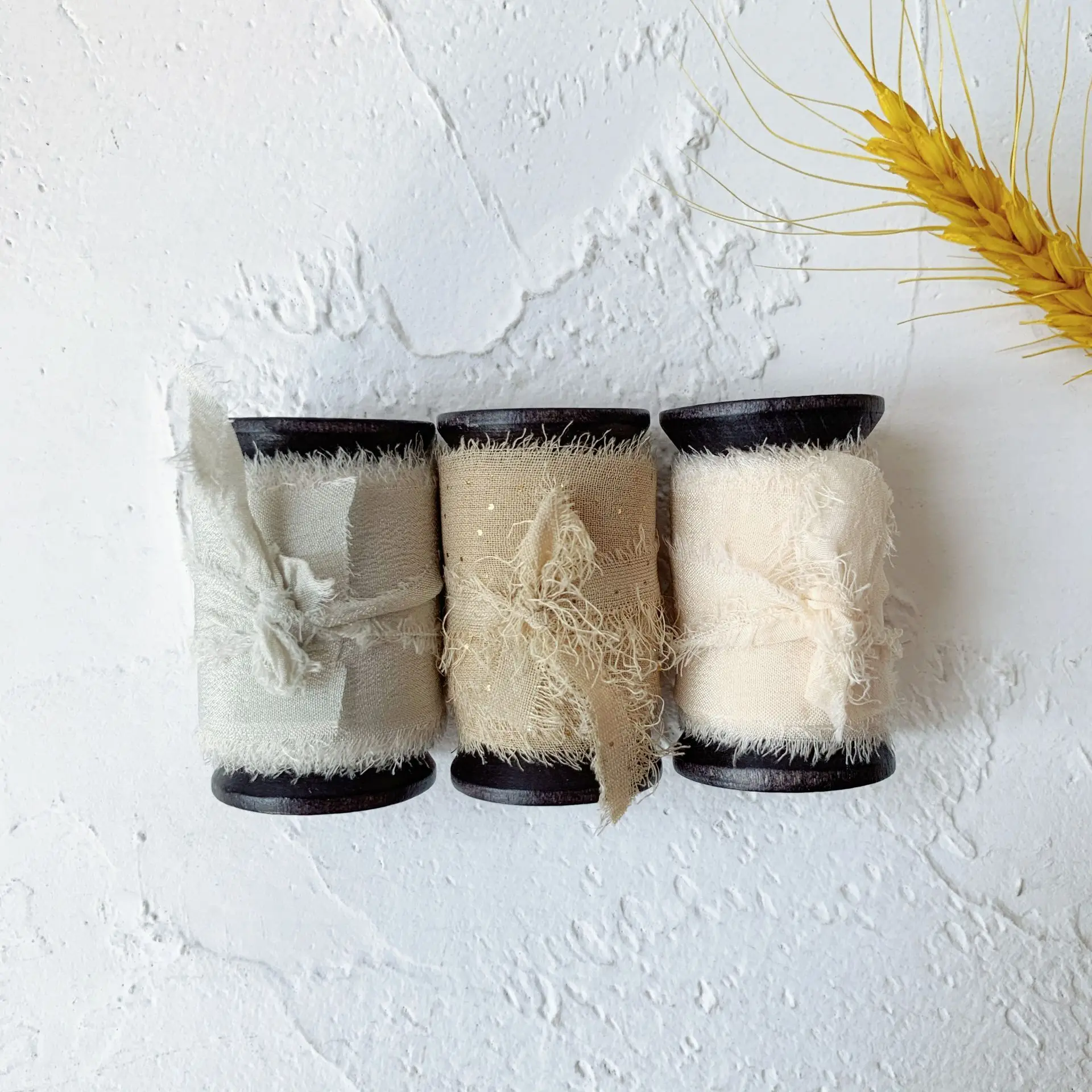 
3Rolls one Set 100% silk frayed edges ribbon ins style wedding silk ribbon woodenspools pure silk satin package ribbon wedding 