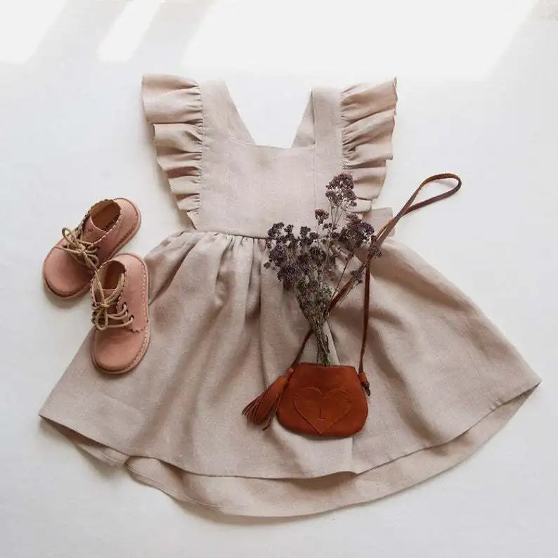 Factory High Quality Fashion Sleeveless Clothing Baby Girls Party Frill Flare Dress Frock Linen Kids Dress