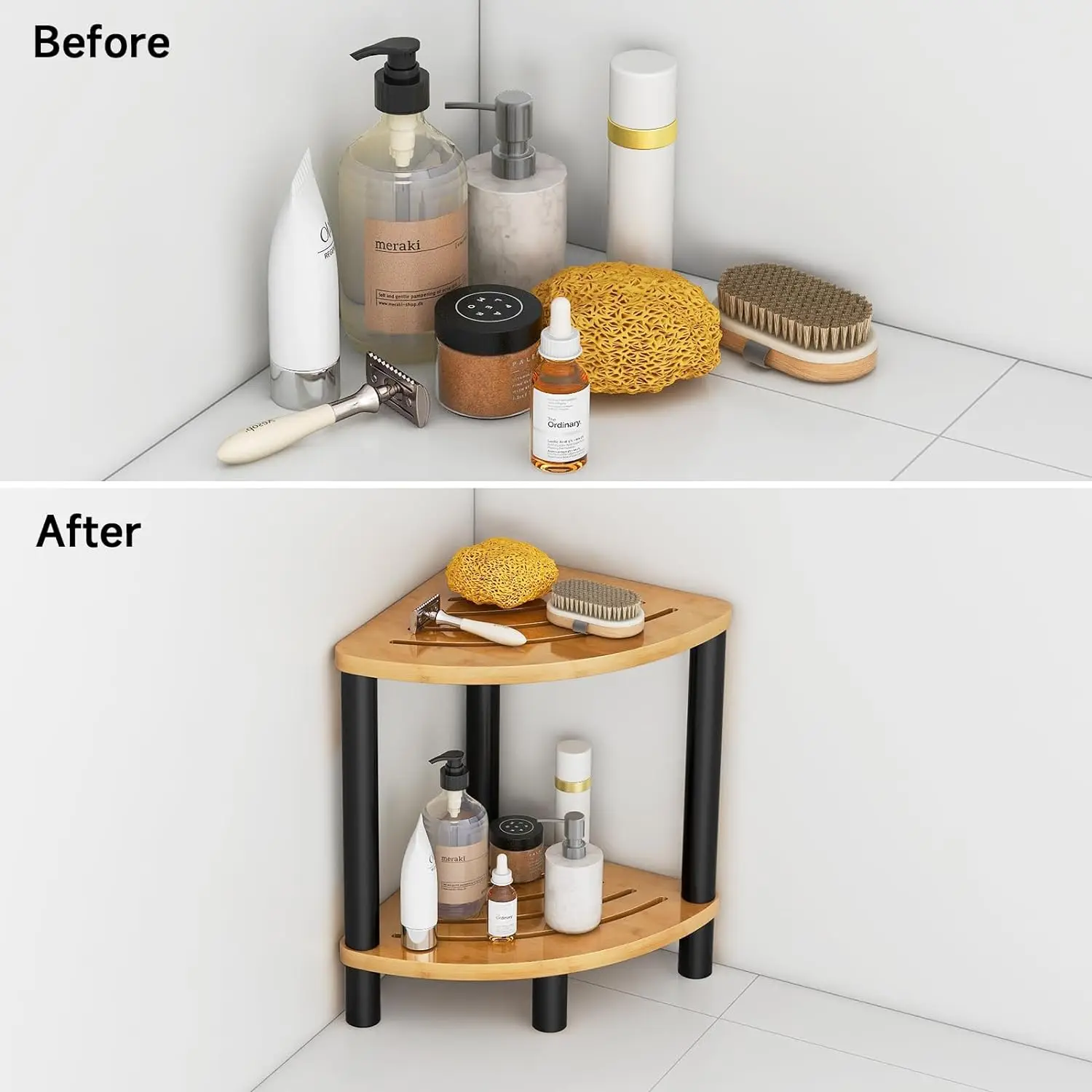 Metal and Bamboo Corner Shower Stool for Shaving Legs, Shower Benches for Inside Shower, Bathroom Seat and Foot Rest