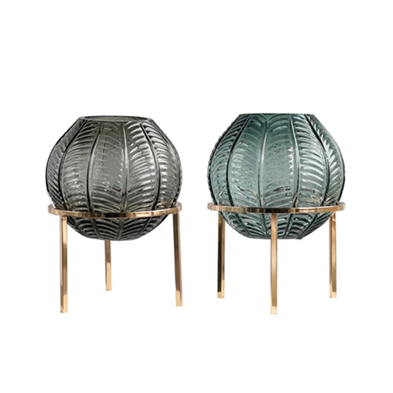 Mini home decor creative Design Metal Copper Ring Spherical Artificial Blown Coffee Color Glass Vases Round flower crystal Vase