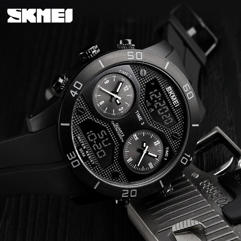 High quality 1355 outdoor multi time zone 5ATM waterproof swimming oversized 52MM dial skmei digital watch for men cool