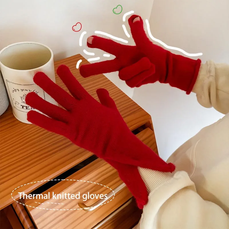 New warm winter gloves wool five-hand knitted solid color cold-proof touch screen cashmere cycling gloves for women winter