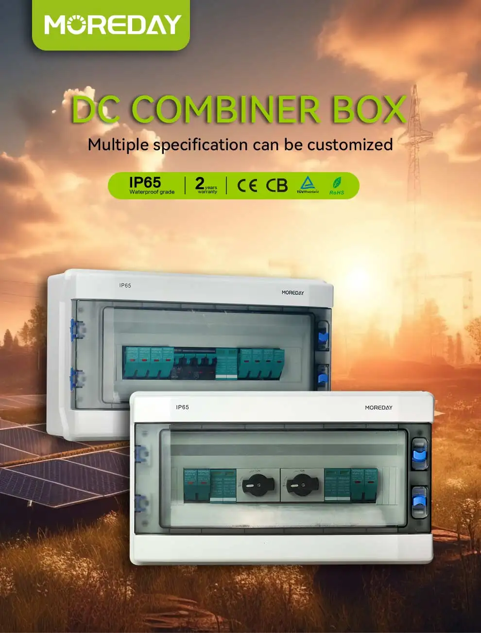 Solar PV Array Combiner Box For 4 String 4 in 1 out Customizable Solar Panel DC 600V 1000V  With DC MCB SPD FUSE