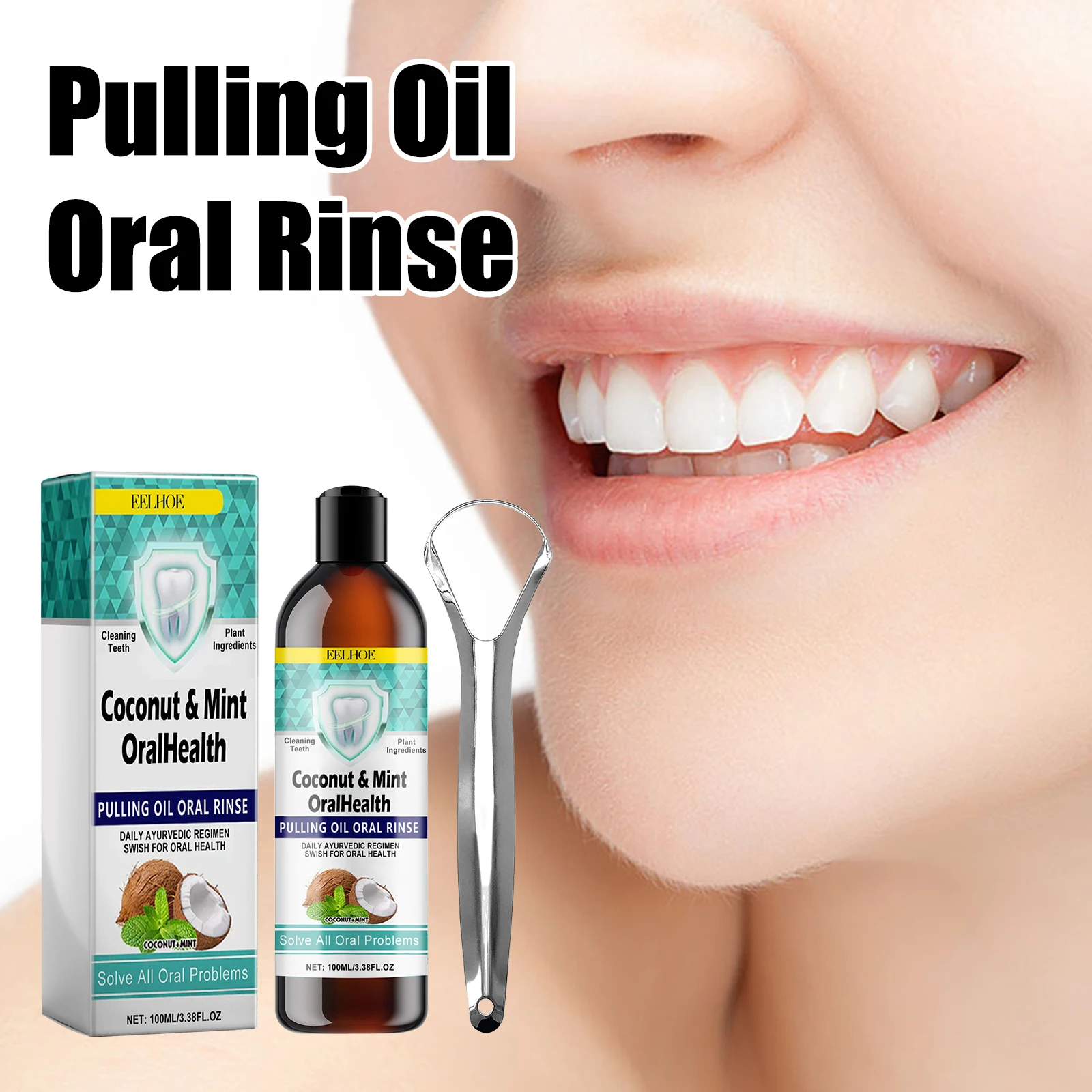 Coconut Oils with Peppermint Alcohol-Free Mouthwash for Fresh Breath &Gum Health Pulling Oil Mouth Wash with Tongue Scraper