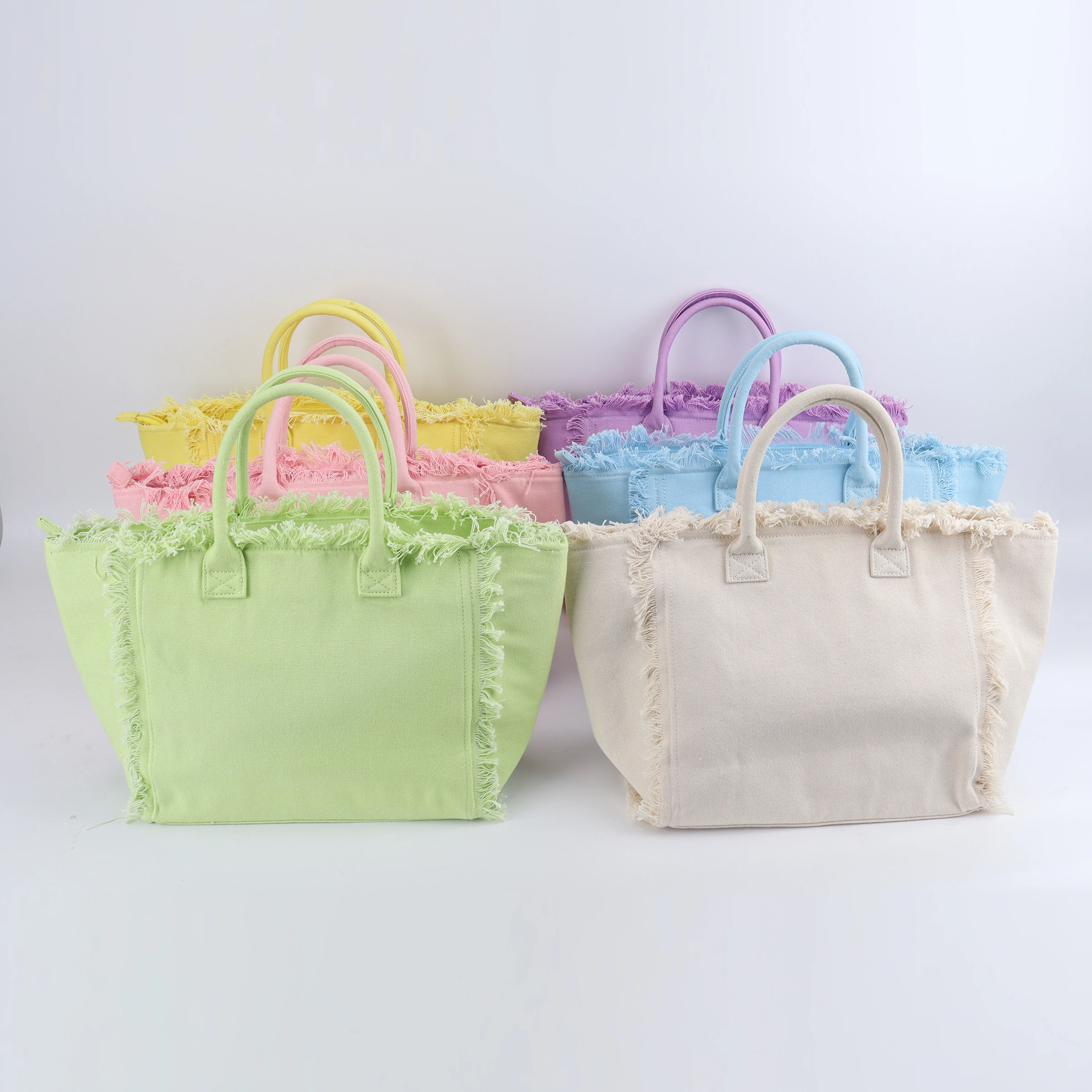 DIY Women Fashion Portable Summer Canvas Beach Tote Bag Large Capacity Waterproof Color Natural Tassel Cotton Canvas Tote Bag