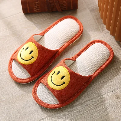 
Wholesale unisex linen happy face slippers breathable comfortable for spring 