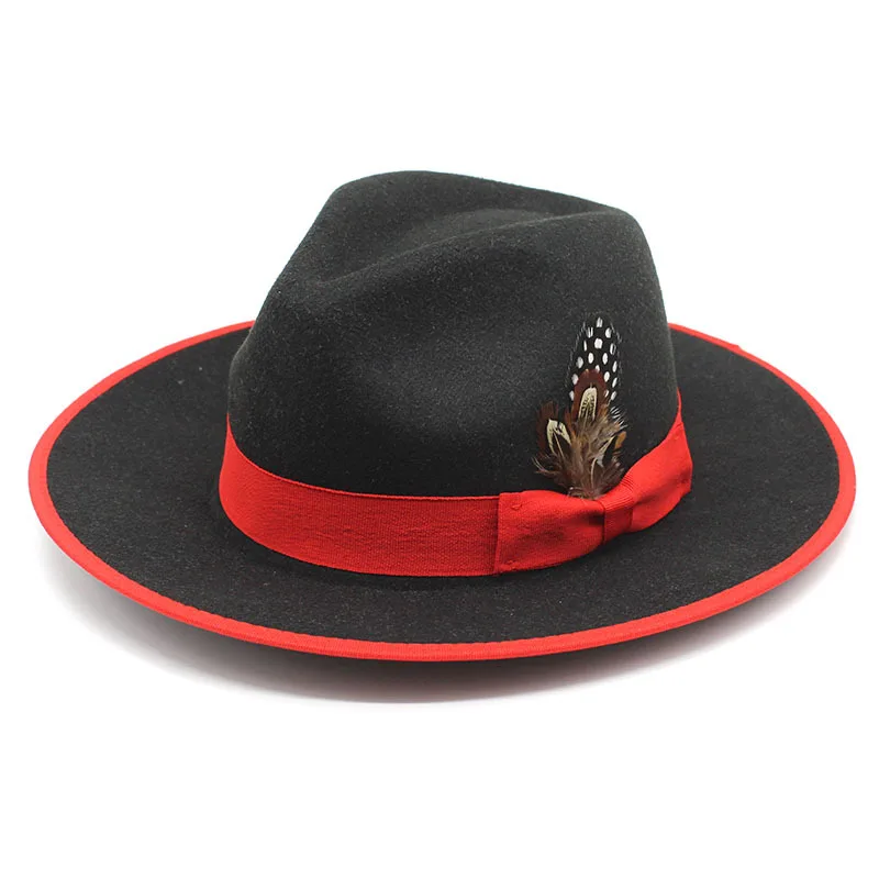Classic Fedora Hats With  Feather Wide Brim Wool Felt Hat For Travel Vintage Style Fedora