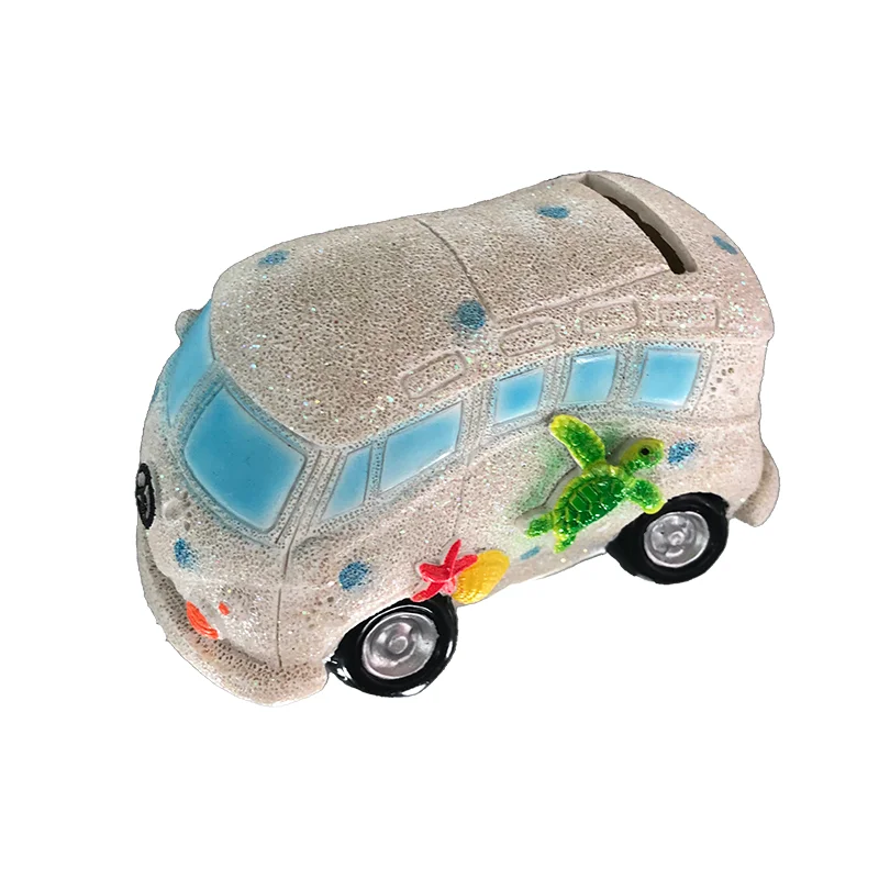 Resin crafts Kawaii car shape polyresin piggy bank White bus shape design money bank for home decoration and money saving