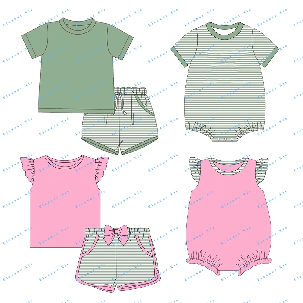 Summer custom label boy child clothes set wholesale 95%cotton knitted brothers matching toddler kids boys short sets
