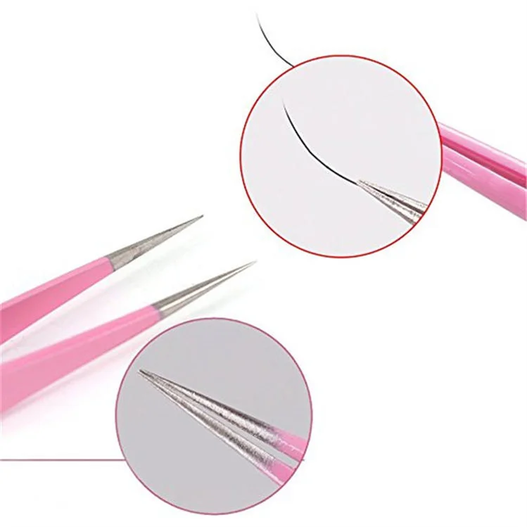 Custom Stainless Steel Pink Nail Straight And Curved Tip Tweezers 2pcs Set For Eyelash Extensions Nail Art Sticker Picker