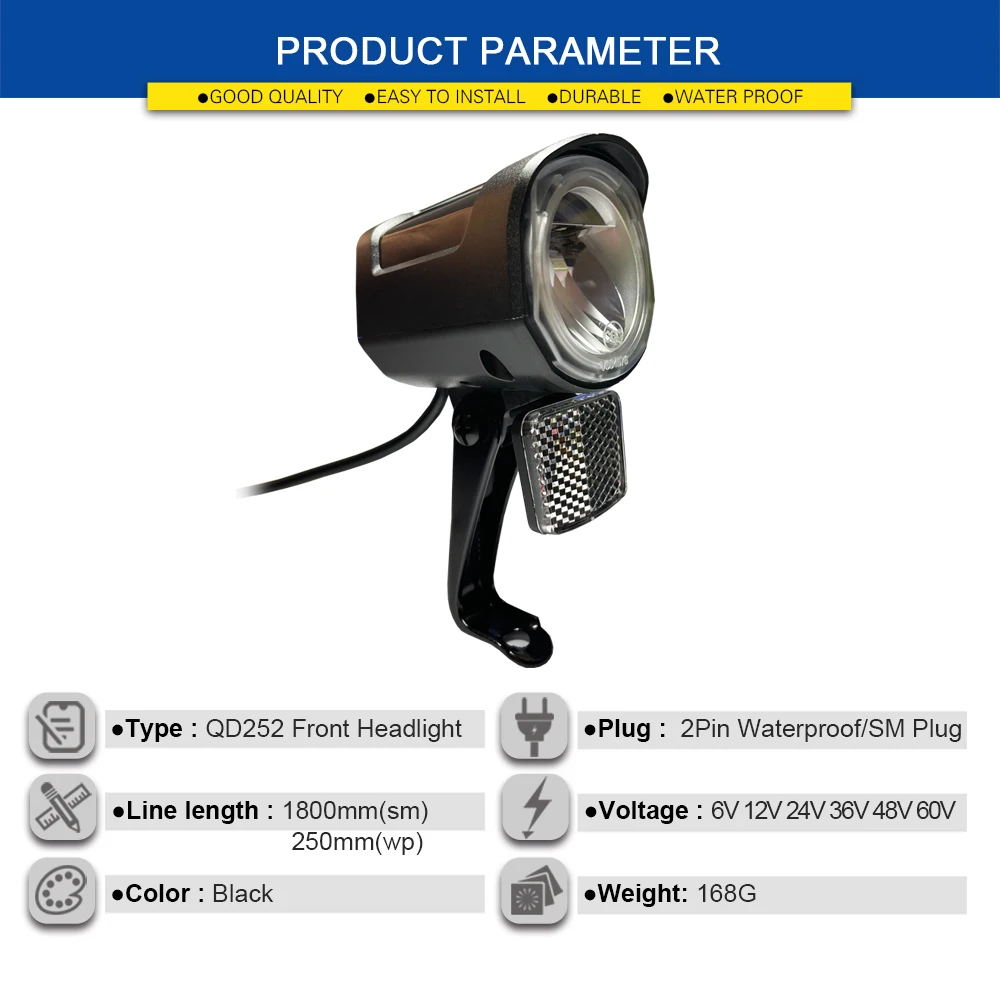 62V 72V Bicycle Head Light 2pin Waterproof SM Connector Cycling LED Safety Warning Lamp Electric Bike Light