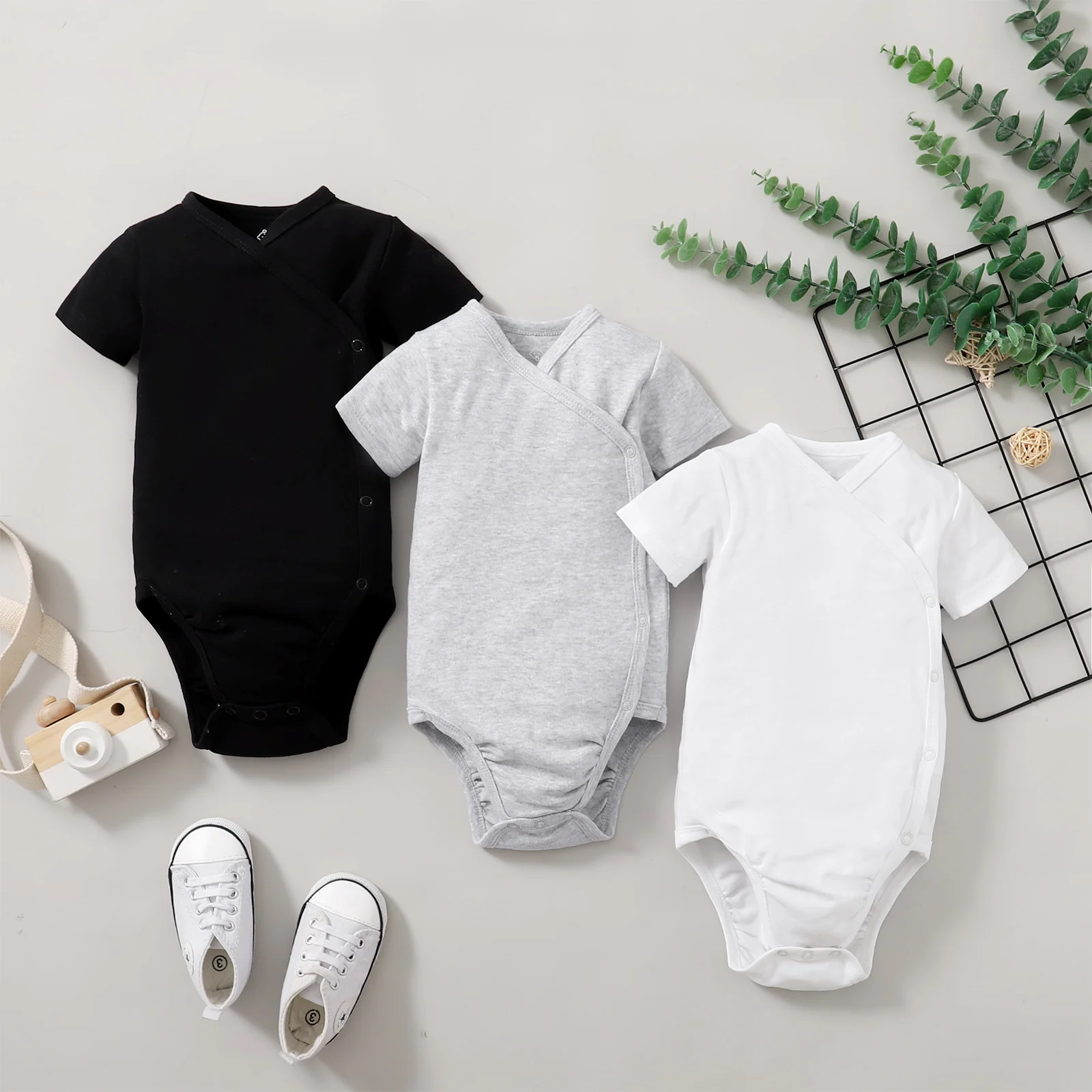 Custom Newborn Organic Cotton Baby Clothing Unisex Solid Color Kimono Short Sleeve Rompers Plain Blank Baby Clothes