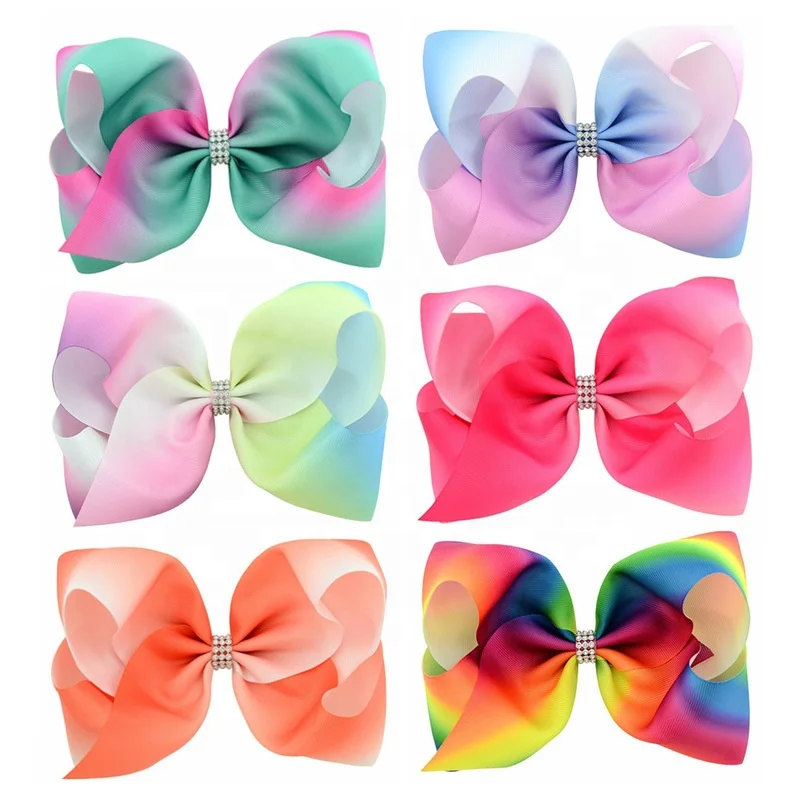 E-Magic Manufacturer Handmade big size 8 inches Gradient rainbow Grosgrain ribbon bow with hair clip for baby girls