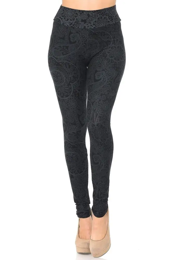 Wholesale High Waist Black Color Paisley Floral Prints Buttery Soft 92 Polyester 8 Spandex Fashion Leggings for Women