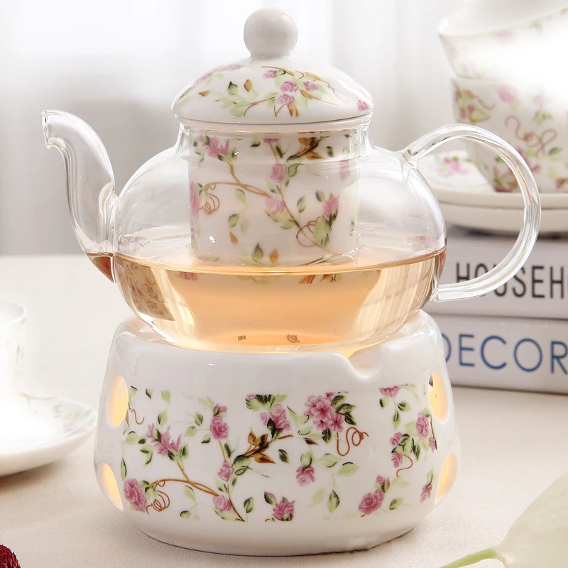 High Quality Elegant Ceramic Porcelain Glass Teapot Set Flower Design Tea Pot With Stand Warmer
