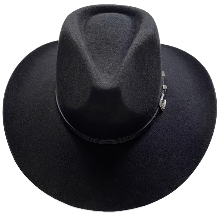 A112002      Wholesale Cowboy Western Fedora Hats 100% Wool  Custom Black Chapeau With Hat Band  Unisex Stuyle