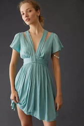 RedHK Custom High Quality Women Viscose Cupro Soft Matte Satin Dress V Neck Halter Neck Short Sleeve 4 Colors Summer Lady Dress