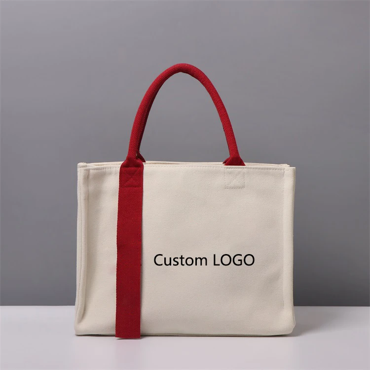 Heavy Duty Long Ribbon Thick Cotton Large Tote Bag Canvas Bags Plain Customized Canvas Bag With Zipper And Inner Pocket