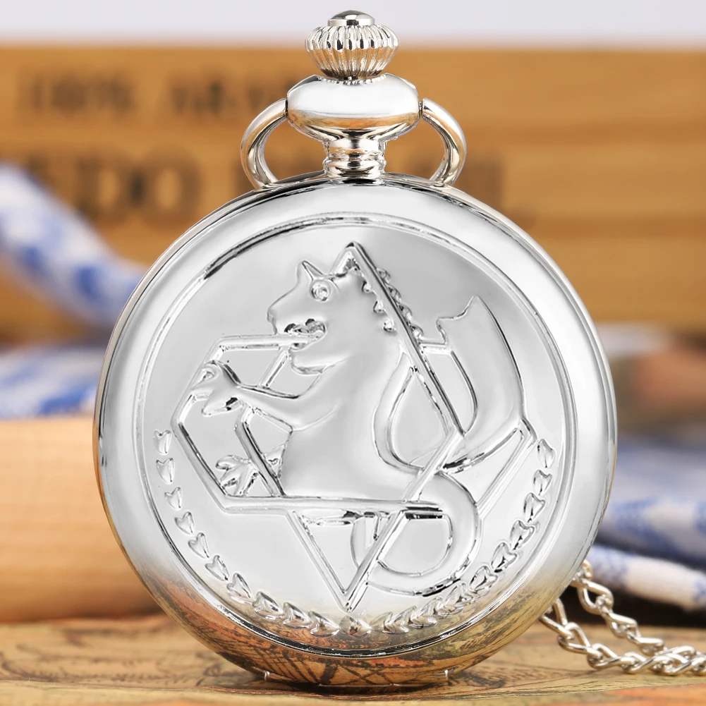 Anime Cosplay Necklace Pendant Chain Clock Reloj Edward Elric Roman Numerals Dial Fullmetal Alchemist Silver Quartz Pocket Watch