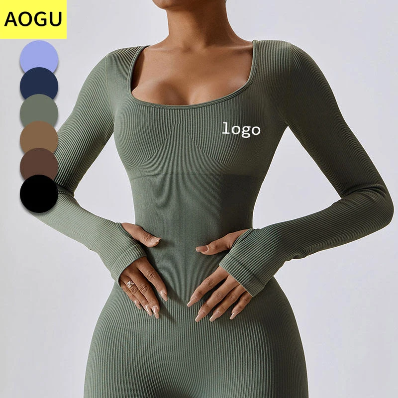 Custom Ribbed Fitness Yoga Sports Jumpsuit Tight Long-sleeved SuitYoga Jumpsuit Women Playsuits Bodysuits